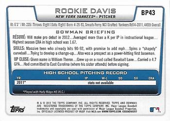 2012 Bowman - Prospects Purple #BP43 Rookie Davis Back