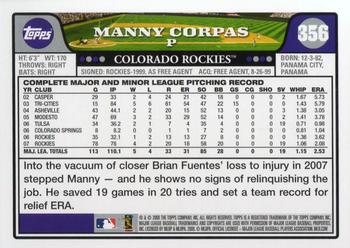 2008 Topps #356 Manny Corpas Back