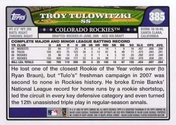 2008 Topps #385 Troy Tulowitzki Back