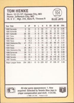 1988 Donruss Baseball's Best #104 Tom Henke Back