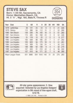 1988 Donruss Baseball's Best #204 Steve Sax Back