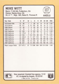 1988 Donruss Baseball's Best #307 Mike Witt Back