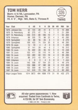 1988 Donruss Baseball's Best #326 Tom Herr Back