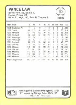 1988 Donruss Baseball's Best #60 Vance Law Back