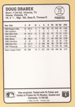 1988 Donruss Baseball's Best #73 Doug Drabek Back