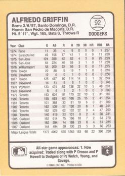 1988 Donruss Baseball's Best #92 Alfredo Griffin Back