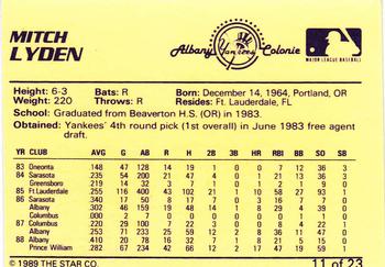 1989 Star Albany-Colonie Yankees #11 Mitch Lyden Back