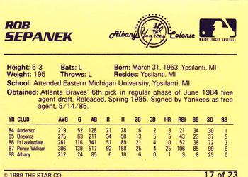 1989 Star Albany-Colonie Yankees #17 Rob Sepanek Back