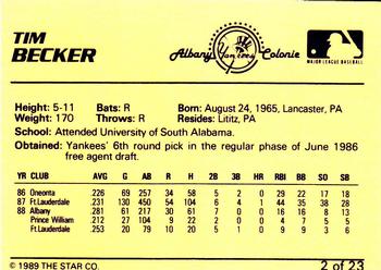1989 Star Albany-Colonie Yankees #2 Tim Becker Back