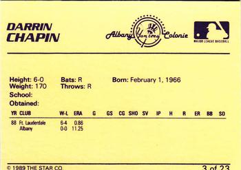 1989 Star Albany-Colonie Yankees #3 Darrin Chapin Back