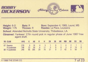1989 Star Albany-Colonie Yankees #7 Bobby Dickerson Back