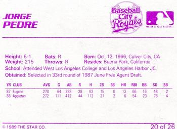 1989 Star Baseball City Royals #20 Jorge Pedre Back