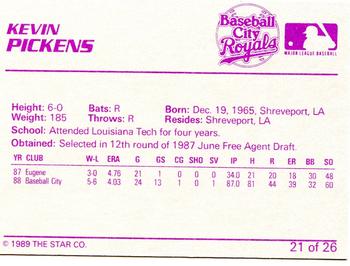 1989 Star Baseball City Royals #21 Kevin Pickens Back