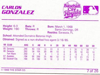 1989 Star Baseball City Royals #7 Carlos Gonzalez Back