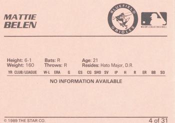 1989 Star Bluefield Orioles #4 Mattie Belen Back