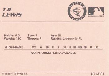 1989 Star Bluefield Orioles #13 T.R. Lewis Back