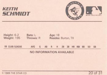 1989 Star Bluefield Orioles #20 Keith Schmidt Back
