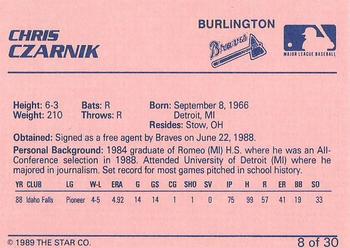 1989 Star Burlington Braves #8 Chris Czarnik Back
