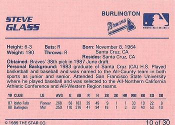 1989 Star Burlington Braves #10 Steve Glass Back