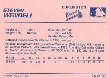 1989 Star Burlington Braves #24 Steven Wendell Back