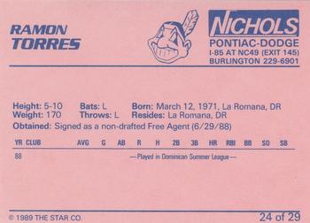 1989 Star Burlington Indians #24 Ramon Torres Back