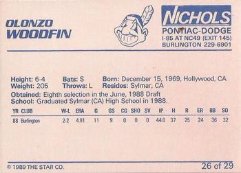 1989 Star Burlington Indians #26 Olonzo Woodfin Back