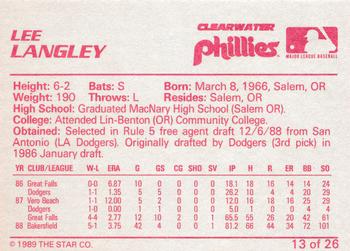 1989 Star Clearwater Phillies #13 Lee Langley Back