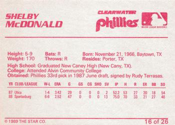 1989 Star Clearwater Phillies #16 Shelby McDonald Back