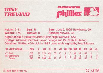 1989 Star Clearwater Phillies #22 Tony Trevino Back