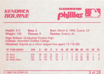 1989 Star Clearwater Phillies #3 Kendrick Bourne Back