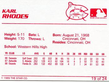 1989 Star Columbus Mudcats #19 Karl Rhodes Back