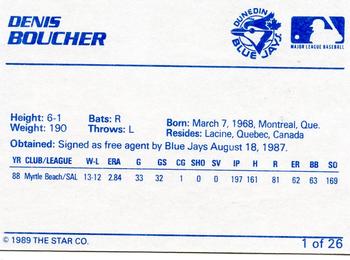 1989 Star Dunedin Blue Jays #1 Denis Boucher Back