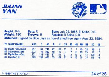 1989 Star Dunedin Blue Jays #24 Julian Yan Back