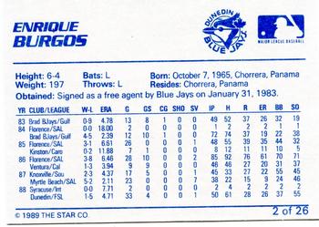 1989 Star Dunedin Blue Jays #2 Enrique Burgos Back