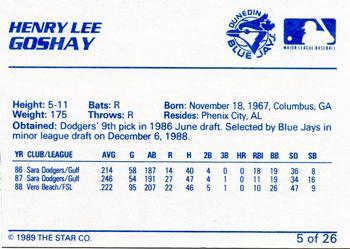 1989 Star Dunedin Blue Jays #5 Henry Lee Goshay Back