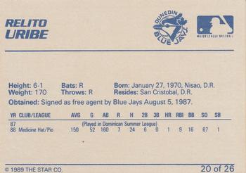 1989 Star Dunedin Blue Jays #20 Relito Uribe Back
