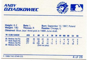 1989 Star Dunedin Blue Jays #4 Andy Dziadkowiec Back