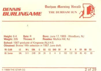 1989 Star Durham Bulls II #2 Dennis Burlingame Back