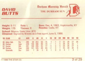 1989 Star Durham Bulls II #3 David Butts Back