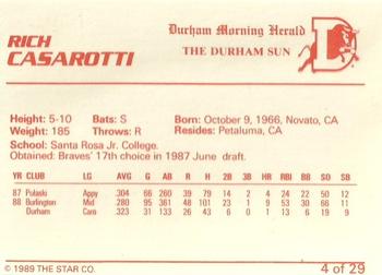 1989 Star Durham Bulls II #4 Rich Casarotti Back