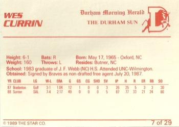 1989 Star Durham Bulls II #7 Wes Currin Back