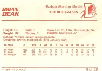1989 Star Durham Bulls II #9 Brian Deak Back