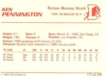 1989 Star Durham Bulls II #17 Ken Pennington Back