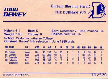 1989 Star Durham Bulls I #10 Todd Dewey Back