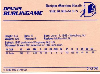1989 Star Durham Bulls I #2 Dennis Burlingame Back