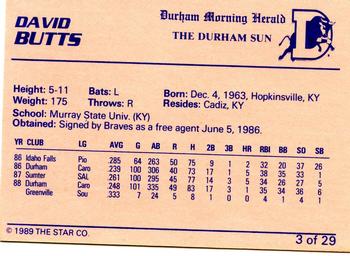 1989 Star Durham Bulls I #3 David Butts Back