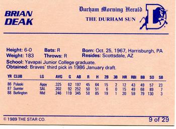 1989 Star Durham Bulls I #9 Brian Deak Back