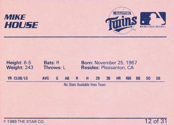 1989 Star Elizabethton Twins #12 Mike House Back