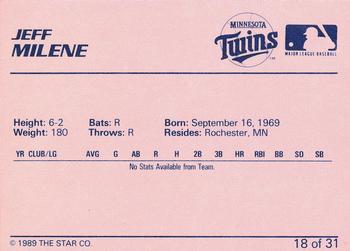 1989 Star Elizabethton Twins #18 Jeff Milene Back