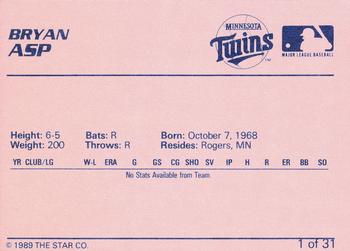1989 Star Elizabethton Twins #1 Bryan Asp Back